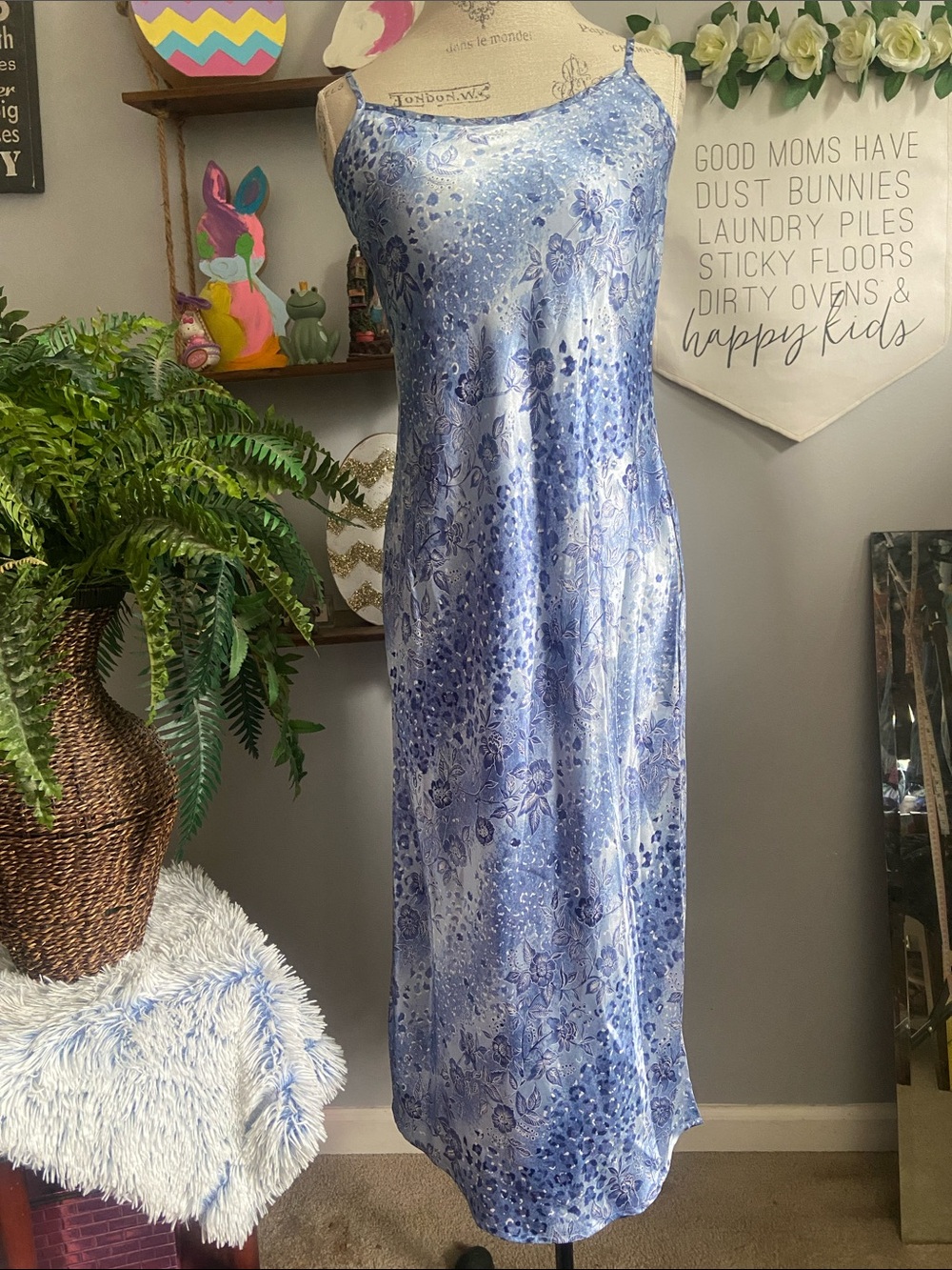 Vintage Inner Most Blue Floral Satin Slip Dress Lingerie Side Cut Outs